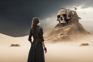 Solo, 1 girl, standing, outdoors, from behind, scenery, machine gun, ruins, skull cave, whirlwind, whirlwind, dust, flying vines, dried up waterway, sand dunes