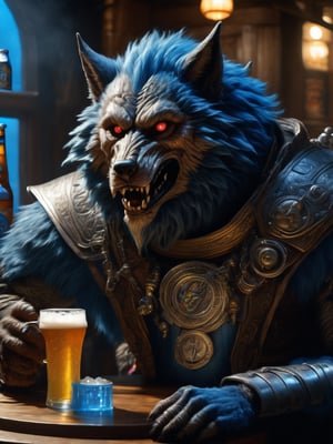 wide shot, best quality, masterpiece, photorealistic, natural skin texture, realistic eye and face details, beautiful shadow, hyperrealism, A lunar pub, where werewolf wearing cyber armours howl at the moon while sipping on frothy glasses of blue beer and feasting on juicy, highly detailed, hyper realistic fantasy monster, cyborg style,Leonardo Style,HellAI