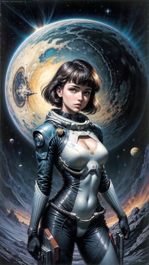 a woman in a spacesuit with a gun in front of a planet, Stil von Jim Burns, Retro-Science-Fiction-ART, dark hair with bangs, short hair, goddess in cosmos, Greg Beeple, Vintage Science-Fiction-Kunst, 7 0 s Sci-Fi-ART, Frank Kelly Freas, 1 9 8 0 s Retro-Science-Fiction-ART