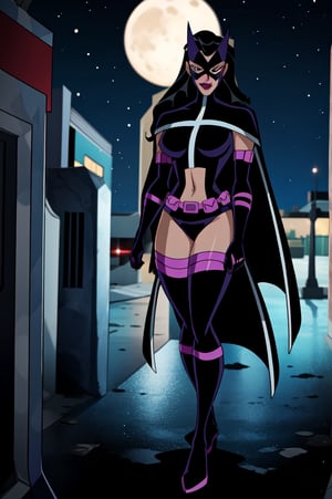 ((masterpiece,best quality)), Huntress_JLU, full body, detailed mask, smug, night sky and city lights in background, cinematic composition, action pose, Huntress_JLU, 2d, Full Body,  dc animation style,Eyes