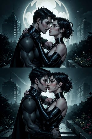 a passionate kiss, Bruce wayne e Celine,
1boy slim figure entwined with 1girl, beautiful girl,(((cute face, perfect eyes))), dark hair, perfect physique under the darkness of a black night. He is kissing her
In a garden, hes wearing batman suit, she is wearing a black leather catwoman outfit, brunete, casting an eerie glow on their passionate kiss. The air is heavy with drama as they cling to each other, lost in the moment.