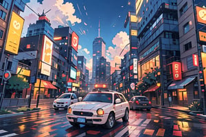 A serene autumn evening scene: a dark blue sky with puffy white clouds stretches above the urban landscape. A cityscape unfolds below, with towering skyscrapers and bustling streets. A sleek car navigates the road, flanked by a building with a neon sign and a lamppost casting a warm glow. Autumn leaves carpet the ground, while a tree stands tall in the distance. In the foreground, a motor vehicle sits idle at a crosswalk, awaiting its turn to merge into the flow of city traffic. evening lights on