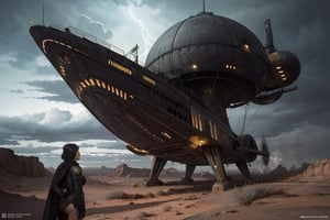 alien desert surface, landscape, geometrical ruins, strange ancient sculptures, stormy sky, black clouds, a steampunk female explorer/pilot has landed her small airship on a alien desert planet. she is surveying the landscape and structures. detailed background of a vast desert with slow moving storm and black clouds forming