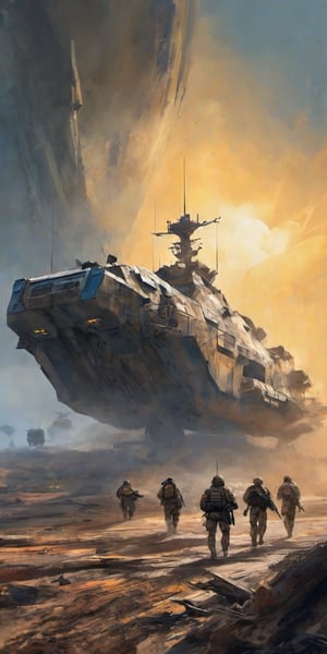 Composition: A futuristic warzone landscape unfolds an industrial military ship emerges from a dusty, ravaged horizon. Weathered textures and rusty hues dominate the foreground, depicting the aged structure's battle-worn features. The sky above is a deep shade of indigo, gradually lightening to a faint blue towards the upper left corner, where a burst of orange and yellow illuminates the atmosphere. A military unit, dressed in muted earth tones, moves cautiously into the frame, led by a helmeted figure holding a rifle at the ready. The landscape's worn terrain, complete with rocky outcroppings and ravaged foliage, stretches towards the vanishing point, drawing the viewer's eye into the gritty, adventurous scene.