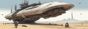 wide angle, worms-eye view, a massive sci-fi generation ship, realistic, high resolution, spaceships taking off and landing, robots, soldiers, full spectrum color, highly detailed pen drawings,
in the style of "Dune (2000)", Jae Cheol Park