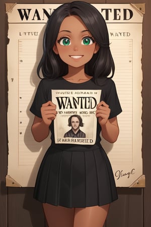 //Quality Masterpiece, Top Quality, Aesthetic, //Character 1 Girl, (Brunete, beautiful Green Eyes: 1.0), Big Eyes, Eager Eyes, Dark Hair, Smile, //Background Wanted, black stripes Shirt, black Skirt, Front View Faces, profiles, wanted posters, old paper, tanned paper, paper that says ''CUTE ''