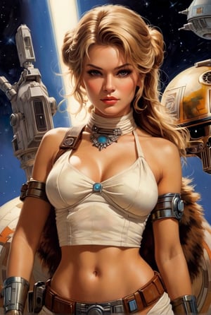 art by Masamune Shirow, art by J.C. Leyendecker, art by boris vallejo, a masterpiece, stunning beauty, hyper-realistic oil painting, vibrant colors, a very high contrast photo shoot image, up close on the face,  a sexy jedi woman, obi wan kenobi, chewbacca the wookie, c3po, r2d2, tattooine, a tie fighter, action stances, wearing Star Wars outfits, a galaxy, Star Wars feel,, a Jedi woman attacking the empire, shooting a blaster gun, 