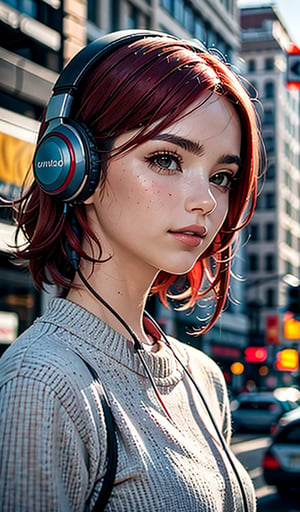 A beautiful italian girl, with red hair,headphones, a beautiful face. against the background of Detroid City