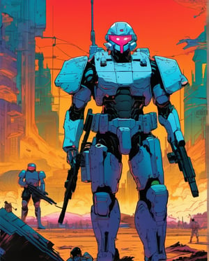 In a dystopian cyberpunk future, a mesmerizing propaganda poster beckons viewers to enlist in the military. Combining the gritty art style of Frank Frazetta with the futuristic flair of Moebius, the image features a cybernetically enhanced soldiers, clad in sleek, reflective armor and wielding cutting-edge weapons. The intricate detailing, vivid colors, and dynamic composition elevate this digital painting to a level of unparalleled artistry, capturing the essence of a war-torn, technologically advanced world with stunning precision., cyberpunk art, auto-destructive art, soldiers and mech fight, berserk art style, image comics, metal gear movie still
