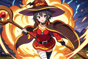 score_9, score_8_up, score_7_up, masterpiece, best quality, high quality, detailed, extremely detailed,
official_art,
1girl, megumin (konosuba), nimugempnxl, short hair, black hair, red eyes, short hair with long locks, beautiful face, kawaii, thighhighs, gloves, hat, dress, black gloves, belt, black thighhighs, fingerless gloves, cape, collar, witch hat, bandages, red dress, single thighhigh, asymmetrical legwear, bandaged leg,
solo, cowboy shot, fantasy field, 

, ((holding big wood staff)), magic effect, many, magic circle, Thunder, night, from above, 
Nuclear explosion at the background
5_figner, beautiful_female_fingers,