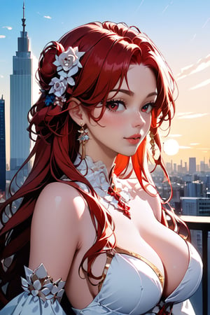 Quality Masterpiece, Top Quality, Aesthetic, //Character 1 Girl, A beautiful girl, with red hair, a beautiful face. against the background of Ghotan City by night