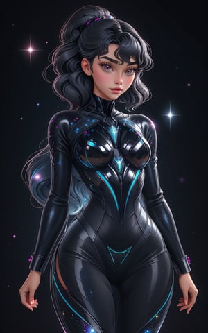 Dark aesthetic (translucent polycarbonate costume with a tight-fitting and elegant suit. It is dark black with iridescent patterns reminiscent of constellations. 

This suit has a Corset that shapes her figure in a striking way. The iridescent black and white galaxy-like patterns merge into the neckline, complementing her sophisticated style by subtly showing her tits. 

It has an additional white translucent polycarbonate layer that radiates trails of galaxy stars.

The neckline is elegant and modern, strikingly highlighting your breasts and adding a distinctive touch to your dress.

wearing a sexy and tight-fitting low-cut dress with an open miniskirt that reveals her thick thighs, her big breasts and her navel, girl, 1girl, Girl with an ethereal presenceV2, Girl with an ethereal presence, Girl with an ethereal presenceV3.), impressive unreal engine rendering, intricate details (Gorgeous girl with Her face has an oval shape, soft and symmetrical, giving her a youthful and serene appearance

Her eyes are large and light pink, with a look that denotes calm and wisdom.

The girl's eyelashes are long and dark, curled naturally, adding depth and expression to her eyes.

She has thin and perfectly outlined eyebrows, arched in a light gray tone that highlights the structure of her face.

With a small and straight nose, with a subtle bridge that integrates harmoniously with the rest of her facial features.

Mouth Small and well defined, with soft and slightly pink lips. 

Her upper lip is slightly thinner than her lower lip, and the corners of her lip tend to curl into a slight, natural smile.

Clear skin, almost porcelain, with a smooth texture and no visible imperfections, giving it an ethereal and cared for appearance.

Her hair is a soft, shiny, silvery gray that catches the light charmingly.

Her hair is long, reaching the middle of her back. Although most of her hair is combed to the side, a sizable section falls freely, adding volume and movement.

She wears an asymmetrical hairstyle with one side of her hair tied up and pinned, while the other side falls freely over her shoulder. This hairstyle gives her a modern and daring look, highlighting her strong and determined character. The gathered side is precisely pinned, showing meticulous care in its presentation.

Her hair has a soft and silky texture, with loose strands that add a touch of dynamism and naturalness. The locks that frame her face are slightly wavy, creating a lovely contrast with the rest of her straight hair.

She wears clean, slightly messy bangs, which fall subtly over her forehead. These bangs give her a youthful and natural look, softening her features and adding a touch of freshness to her appearance.

Her body is slender and well proportioned, with a figure that denotes grace and elegance.

She is of average height, with an upright and confident posture that projects confidence.

Their skin is clear and uniform, without visible marks or imperfections, maintaining a healthy and cared for appearance.

Her breasts are large, with a rounded and natural shape, highlighting her femininity.

She has a flat and toned abdomen, showing a dedication to self-care and a well-groomed figure.

She possesses a slim, well-defined waist, accentuating an hourglass-shaped silhouette that is both attractive and elegant.

Her hips are soft and proportionate to the rest of her body, contributing to the harmony of her figure.

Her buttocks are firm, large and naturally rounded.

Her thighs and legs are long and slender, with a toned and elegant appearance, showing subtle musculature that highlights her femininity and grace.), Oil painting