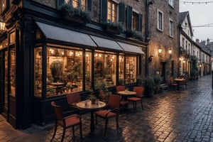 Beautiful outdoor, twighlight, evening, outside of a european cafe, old english cafe, potted plants, cobblestone street, tables and chairs outside cafe, raining,outdoor