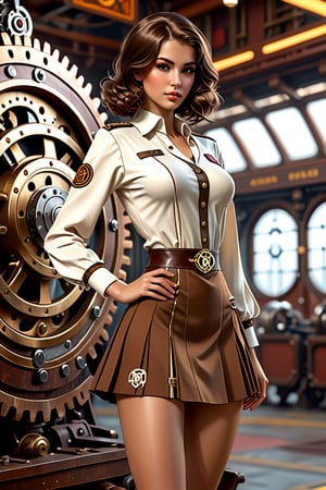 Sexy short skirt panty showing outfit full body, Portrait of a girl in mini skirt,
 open 38 dd tunic, loose brown hair, dieselpunk, aristocrat, model face, max detailing, realism, cogs in the background, monograms on background, Ian McQue style,   strongs colors, (artstation), 8k, intricate details, vintage, retro futuristic style, detailed illustration, side view