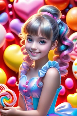 (masterpiece:1.2), (photorealistic:1.2), (best quality),((realistic:1.3)), (detailed skin:1.3), (intricate details), dramatic, ray tracing,finely detailed, quality,realistic lighting, smile,young 15 year old girl,1girl, pale skin, elaborate candy colored dress, multi-colored pastel curly hair in ponytails with bangs, full body,looking at viewer, candy hearts, candy bubbles, lolipops, cotton candy, animak crackers, bon bons, girls is surrounded by candy on all sides, ,more detail XL