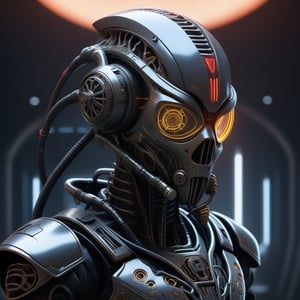 Create a hyper-realistic, high-detail image of a NECROMECHANICS Hellbound Heart alien humanoid, featuring a mix of medieval rags and futuristic LEDs on armor. The character, a blend of zombie, terminator, and cyborg, sports demonic eyes, a gas mask, and sci-fi gadgets helmet. The intricate, abstract artwork, rendered in Octane, showcases symmetrical composition, detailed body parts, and a UFO in the background. Influenced by artists like Tooth Wu, Wlop, Beeple, and Greg Rutkowski, this cinematic key art is trending on ArtStation.