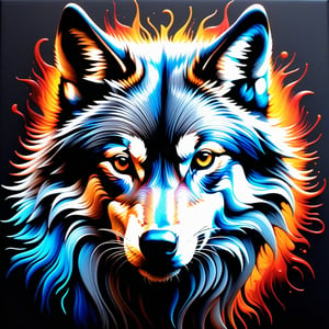 In a haunting, swirling vortex of darkness, a Grey Wolf emerges from the shadows, its eyes aglow like lanterns in the abyss. Muscles rippling beneath its sleek coat, it charges forth with intense ferocity. Fusion-style colourful paint swirls across its body, blending seamlessly into the complex background. A hyper-detailed, intricately detailed, and extremely detailed masterpiece bursts with life, as if dripping from a canvas infused with oil.