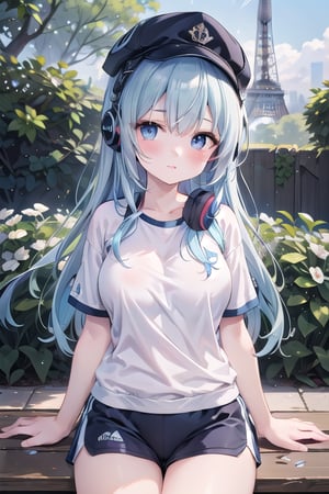 Master piece, generate image of a Sexy 
Girl with headphones, cap, dreamy expression, sitting a bench in the gardens of the Eiffel tower, training wear, t-shirt and sport shorts, (ultra detailed perfect piece:1.2), illustration, masterpiece, (extremely detailed CG 8k), (very fine 8K CG), (1girl:1.2), (blue hair), long hair, wavy hair, hair over one eye, sparkling, light blue eyes, looking at side,