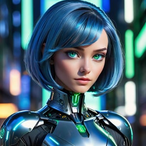 A futuristic close-up of a woman in a sleek suit, her blue hair styled in a chic bob. She's a cyborg with silver metallic plating on her arms and torso, glistening under the dim blue lighting. Her piercing green eyes gleam as she gazes directly at the camera, her facial expression a perfect blend of confidence and curiosity. The framing is tight, focusing on her striking features amidst the intricate cybernetic enhancements. In the background, a cityscape's neon lights hum with energy, reflecting off the metallic surfaces of her suit.