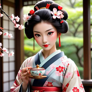   1. Anime  character in the style of the Geisha girl in the image, her hair is black and straight, the face is traditional red and white,  her skin in smooth and soft, her hair as a cherry blossom hair pin in it to hold it in place. The Geisha's kimono is white with pink cherry blossoms in a filigree design. 2. The setting is a Japanese tea house where she is sitting having tea, the tea is hot with steam coming from the cup, a small tea cup. The tea house is quite peaceful, with tradition Japanese zither music playing in the background. The lighting is from traditional candle light a feeling of calmness and peace in the tea house. 3. The Geisha hold her self with proper etiquette and respectfulness about her, the tea house treats her with respect as if she is a concubine of royalty. The other parties in the tea house acknowledge her with a bow and respect. The Geisha is a daughter of a high ranking official in the high court. The emperor is looking for someone to marry the 1st prince.  