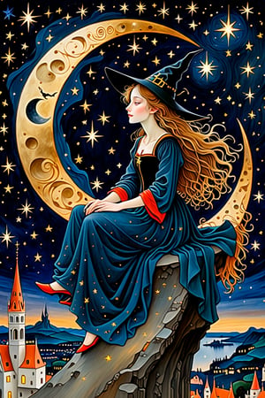 (masterpiece, top quality, best quality, official art, beautiful and aesthetic:1.2), (1girl:1.4), extreme detailed, a witch sitting on a crescent moon through a starry night, captured in the detailed gouache style of Hieronymous Bosch and Klimt,