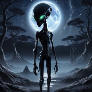 Craft a dark fantasy scene featuring a mysterious, alien-like creature with an elongated head and eyes, posed centrally in an anime art style. The starry night background enhances the eerie atmosphere. This manga-inspired artwork, reminiscent of Sarroro and Hal Lasko's alien art styles, showcases intricate details and is displayed in a center camera shot, suitable for CGSociety.