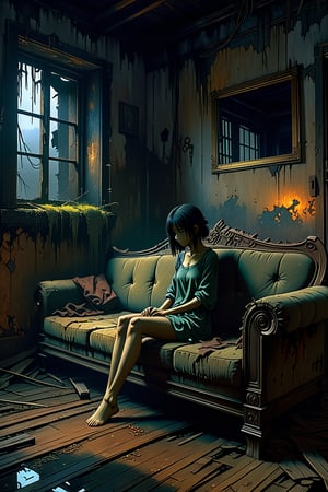 Anime Female 
In an abandoned house, tattered sofa, horror, Thai elements, dark scenes, 8k, reality, hyperdetail,digital artwork by Beksinski