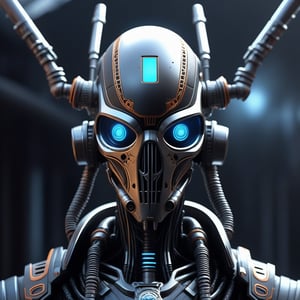 Create a hyper-realistic, high-detail image of a NECROMECHANICS Hellbound Heart alien humanoid, featuring a mix of medieval rags and futuristic LEDs on armor. The character, a blend of zombie, terminator, and cyborg, sports demonic eyes, a gas mask, and sci-fi gadgets helmet. The intricate, abstract artwork, rendered in Octane, showcases symmetrical composition, detailed body parts, and a UFO in the background. Influenced by artists like Tooth Wu, Wlop, Beeple, and Greg Rutkowski, this cinematic key art is trending on ArtStation.