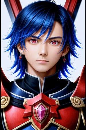 solo, looking at viewer, red eyes, 1boy, jewelry, closed mouth, blue hair, upper body, weapon, male focus, multicolored hair, earrings, pink eyes, armor, border, polearm, shoulder armor, gem, portraitcard  Anime portrait, anime character,  detailed,  vibrant,  anime face,  sharp focus,  character design,  wlop,  artgerm,  kuvshinov,  character design,  unreal engine, anime character,  detailed,  vibrant,  anime face,  sharp focus,  character design,  wlop,  artgerm,  kuvshinov,  character design,  unreal engine, anime, anime character, fan art, animation, featuring the described elements in a vibrant, ultra vivid masterpiece directive.