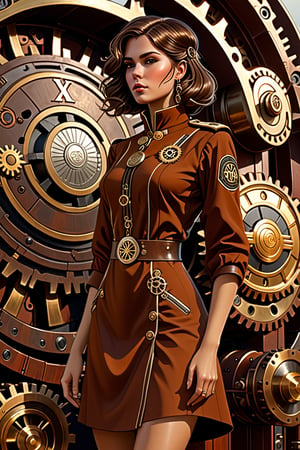 Sexy full body, Portrait of a girl in 
 tunic, loose brown hair, dieselpunk, aristocrat, model face, max detailing, realism, cogs in the background, monograms on background, Ian McQue style, Russian empire, British empire, strongs colors, (artstation), 8k, intricate details, vintage, retro futuristic style, detailed illustration, side view