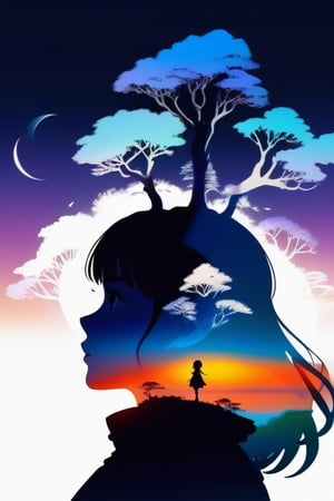 Silhouette of a girl in a scenery of a magical world, fantastic scenery of another world, close-up, double exposure, white background, vibrant colors, Studio Ghibli, StdGBRedmAF, lineart