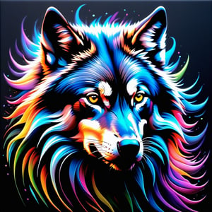 In a hyper high resolution haunting, swirling vortex of darkness, a Grey Wolf emerges from the shadows, its eyes aglow like lanterns in the abyss. Muscles rippling beneath its sleek coat, it charges forth with intense ferocity. Fusion-style colourful paint swirls across its body, blending seamlessly into the complex background. A hyper-detailed, intricately detailed, and extremely detailed masterpiece bursts with life, as if dripping from a canvas infused with oil.