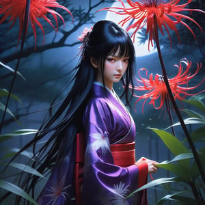 "Anime art style by Yoji Shinkawa, surreal fantasy, high angle shot of a girl with long black hair and purple eyes in a black and red kimono, standing in an enchanted garden with red spider lilies. Ambient moonlight lighting, ultra-realistic rendering, ethereal fantasy concept art, highly detailed, beautiful, cinematic photo, best quality, dreamy, sharp focus."