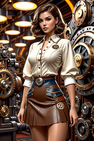 Sexy short skirt panty showing outfit full body, Portrait of a girl in mini skirt,
 open 38 dd tunic, loose brown hair, dieselpunk, aristocrat, model face, max detailing, realism, cogs in the background, monograms on background, Ian McQue style,   strongs colors, (artstation), 8k, intricate details, vintage, retro futuristic style, detailed illustration, side view