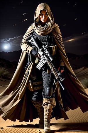 A 38 year old special forces elite woman, rugged clothing suitable for the rigors of war, complemented by a long cloak that billows behind her in the strong wind. She is armed with a sniper rifle. night time, in the desert, ghostly woman