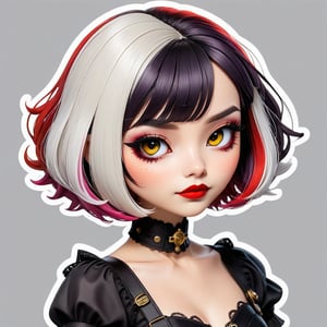 sticker design, steampunk, upper body, close eyes, white background, bob cut, short hair, multicolored hair, makeup , parted lips, black lips, eyeliner, gothic, goth girl,
her hair is styled in a bob with bangs. the tips of her hair are dyed red. sweet cartoon style

,disney pixar style,Line Chibi yellow,LIMBUSCOMPANY_Ryoshu,flat design,cute comic,anime,Emote Chibi