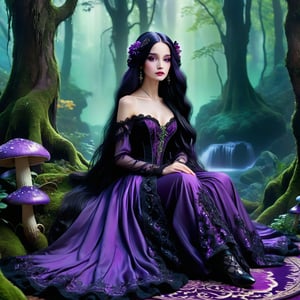  "A photorealistic scene featuring a gothic girl with long, flowing black hair adorned with purple highlights, dressed in an intricate black and purple baroque outfit with lace and velvet details. She sits gracefully on a large, vibrant violet mushroom. The forest around her is lush and mystical, with towering ancient trees, glowing flora, and a carpet of emerald green moss. The scene is bathed in soft, ethereal moonlight, casting vivid colors and creating an epic, otherworldly atmosphere. The background features a cascading waterfall and a misty, enchanted ambiance. The image is in hyper ultra high definition with extreme resolution, capturing every detail with stunning clarity."