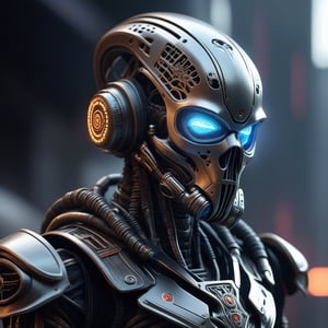 Create a hyper-realistic, high-detail image of a NECROMECHANICS Hellbound Heart alien humanoid, featuring a mix of medieval rags and futuristic LEDs on armor. The character, a blend of zombie, terminator, and cyborg, sports demonic eyes, a gas mask, and sci-fi gadgets helmet. The intricate, abstract artwork, rendered in Octane, showcases symmetrical composition, detailed body parts, and a UFO in the background. Influenced by artists like Tooth Wu, Wlop, Beeple, and Greg Rutkowski, this cinematic key art is trending on ArtStation.