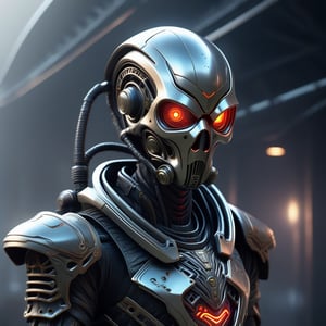 Create a hyper-realistic, high-detail image of a NECROMECHANICS Hellbound Heart alien humanoid, featuring a mix of medieval rags and futuristic LEDs on armor. The character, a blend of zombie, terminator, and cyborg, sports demonic eyes, a gas mask, and sci-fi gadgets helmet. The intricate, abstract artwork, rendered in Octane, showcases symmetrical composition, detailed body parts, and a UFO in the background. Influenced by artists like Tooth Wu, Wlop, Beeple, and Greg Rutkowski, this cinematic key art is trending on ArtStation.