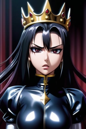 poster of a sexy   [princess, suffering,  burdened by the weight of a crown,  ]  in a  [ ], pissed_off,angry, latex uniform, eye angle view, ,dark anime