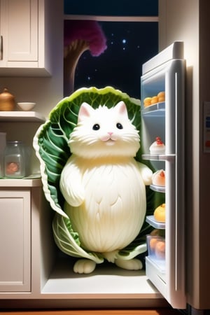 (a refrigerator door open)(fluffy, magical creatures )
Fantasy artwork with the refrigerator door open, its contents in disarray. Inside, two fluffy, magical creatures are present. One, wrapped in a cabbage leaf, looks at the viewer while shivering; the other stands next to a milk jug, making faces at its reflection in the glass.   The scene captures the whimsical and fantastical nature of this miniature world, with detailed and realistic depictions of the food items.,kawaii tech, crafted ceramic.,DonMG30T00nXL