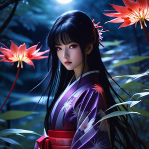 "Anime art style by Yoji Shinkawa, surreal fantasy, high angle shot of a girl with long black hair and striking purple eyes in a black and red kimono, standing in an enchanted garden with red spider lilies. Ambient moonlight lighting, ultra-realistic rendering, ethereal fantasy concept art, highly detailed, beautiful, cinematic photo, best quality, dreamy, sharp focus."