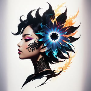  art by (artist name), Double exposure silhouette, side profile silhouette of dark ornamental flower magic tattoo Create an image of a Hashira with jet-black hair and intense eyes, radiating an electric aura of power that exceeds even the Upper Rank 1 Demon. This piece should be done in the Koyoharu Gotouge art style, with an abstract aura