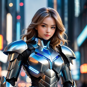  Create an epic, highly detailed, and vibrant anime-style full-body portrait of a character clad in a sophisticated and futuristic suit of armor. The armor should have a metallic sheen, predominantly silver with accents of blue light that suggest advanced technology integrated within. The design should be intricate, featuring an array of interlocking plates and segments that wrap around the figure's physique, providing both protection and flexibility. The shoulders should be adorned with pronounced, aerodynamic wing-like structures that contribute to an imposing presence. The textures of the armor should vary, with some areas displaying a smooth, almost liquid-like surface, while others have a mesh or ridged pattern, adding to the complexity of the design. Central to the chest should be a hexagonal emblem, illuminated and possibly indicative of the suit's power core. The color scheme should be a harmonious blend of cool tones, with silver, blue, and subtle hints of black, enhancing the armor's futuristic aesthetic. The character's stance should be dynamic and poised for action, emphasizing the suit's design and the wearer's readiness. The background should feature a soft glow of a cityscape at night, with vertical lines and distant lights painting a picture of a high-tech metropolis. The overall impression should be one of a warrior equipped for battle in a technologically advanced era, possibly from a science fiction narrative. Emphasize sharpness, clarity, and intricate details to capture the futuristic and high-tech setting