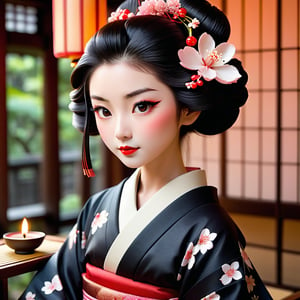   1. Anime  character in the style of the Geisha girl in the image, her hair is black and straight, the face is traditional red and white,  her skin in smooth and soft, her hair as a cherry blossom hair pin in it to hold it in place. The Geisha's kimono is white with pink cherry blossoms in a filigree design. 2. The setting is a Japanese tea house where she is sitting having tea, the tea is hot with steam coming from the cup, a small tea cup. The tea house is quite peaceful, with tradition Japanese zither music playing in the background. The lighting is from traditional candle light a feeling of calmness and peace in the tea house. 3. The Geisha hold her self with proper etiquette and respectfulness about her, the tea house treats her with respect as if she is a concubine of royalty. The other parties in the tea house acknowledge her with a bow and respect. The Geisha is a daughter of a high ranking official in the high court. The emperor is looking for someone to marry the 1st prince.  