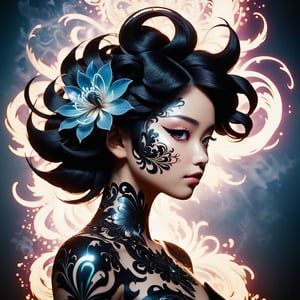  art by (artist name), Double exposure silhouette, side profile silhouette of dark ornamental flower magic tattoo Create an image of a Hashira with jet-black hair and intense eyes, radiating an electric aura of power that exceeds even the Upper Rank 1 Demon. This piece should be done in the Koyoharu Gotouge art style, with an abstract aura