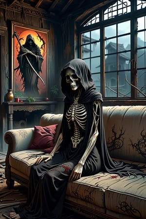 Grim reaper in background, Tattoed arms of 
 Anime Female 
In an abandoned house, tattered sofa, horror, Thai elements, dark scenes, 8k, reality, hyperdetail,digital artwork by Beksinski