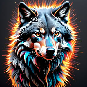 In a mesmerizing, hyper-realistic depiction, a Grey Wolf materializes from an inky black void, its eyes burning like fiery lanterns amidst the darkness. As it charges forward with unbridled ferocity, ripples of muscle beneath its coat seem to pulse with life. A kaleidoscope of fusion-style colours dance across its body, harmoniously merging with the intricate background. The image bursts forth in dazzling detail, akin to a digital canvas that seems to drip with vibrant life, featuring extreme sharpness and polished clarity, like gazing into a glass-smooth surface.