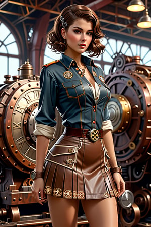 Sexy short skirt panty showing outfit full body, Portrait of a girl in super short mini skirt,
 open 38 dd opened unbuttoned 
tunic, loose brown hair, dieselpunk, aristocrat, model face, max detailing, realism, cogs in the background, monograms on background, Ian McQue style,   strongs colors, (artstation), 8k, intricate details, vintage, retro futuristic style, detailed illustration, side view