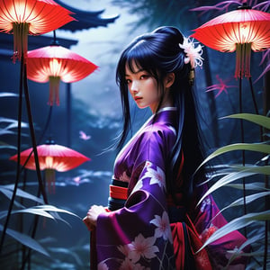 "Anime art style by Yoji Shinkawa, surreal fantasy, high angle shot of a girl with long black hair and striking purple eyes in a black and red kimono, standing in an enchanted garden with red spider lilies. Ambient moonlight lighting, ultra-realistic rendering, ethereal fantasy concept art, highly detailed, beautiful, cinematic photo, best quality, dreamy, sharp focus."